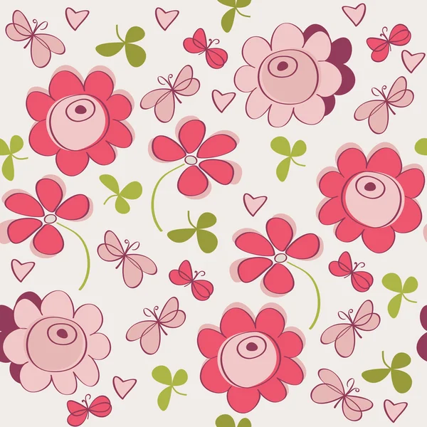 Seamless pattern with flowers, butterfly and hearts — Stock Vector