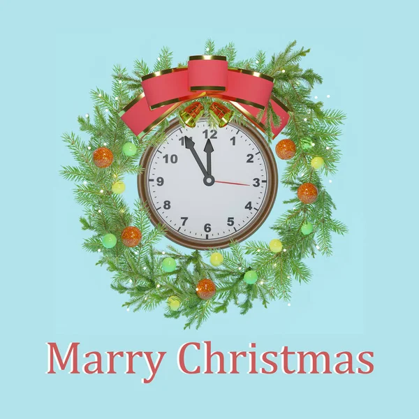 Feliz Navidad Diseño Postal Corona Navidad Con Decoraciones Reloj Sobre — Foto de Stock