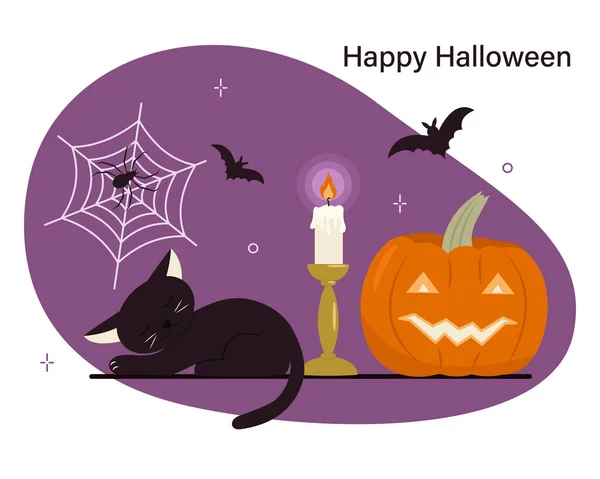 Fijne Halloween Briefkaart Ontwerp Pompoen Kat Spin Spinnenweb Vleermuis Kaars — Stockvector