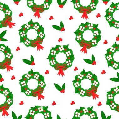Noel çelengi. Şölen dekoru. Kusursuz desen. Duvar kağıdı, şablon dolguları, web sayfası arkaplanı, yüzey dokuları için kullanılabilir