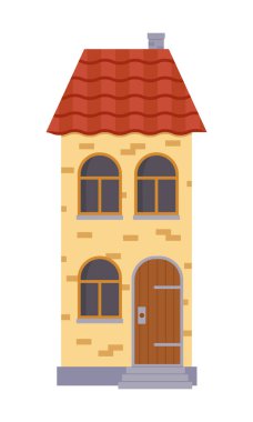 Beyaz arka planda güzel bir ev. Pencereler, kapılar ve tuğla cepheli. Düz biçimli vektör illüstrasyonu