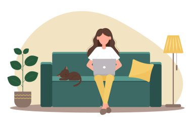 Dizüstü bilgisayarı olan bir kız kanepede uyuyan bir kediyle oturuyor. Serbest çalışıyorum, evden çalışıyorum. Düz biçimli vektör illüstrasyonu.