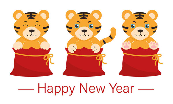Tigers in red bags isolated on white background. Cute animals. Symbol of the new year. Postcard design. Vector illustration in flat style