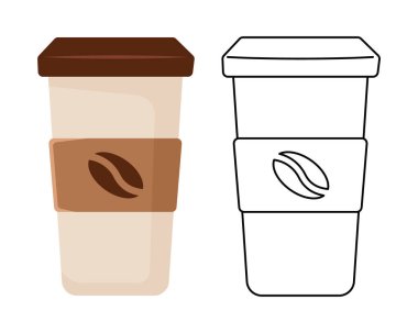 Bir fincan kahve, beyaz arka planda izole edilmiş düz bir ikon. Renkli ve siyah beyaz bir görüntü. Vektör illüstrasyonu