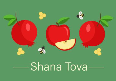 Rosh Hashanah, yeşil arka planda elma, nar ve arı desenli tebrik kartı tasarımı. Vektör illüstrasyonu