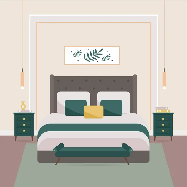 寝室のインテリア ダブルベッドとベッドサイドテーブル付きのベッドルーム モダンなデザイン 平型ベクトルイラスト — ストックベクタ
