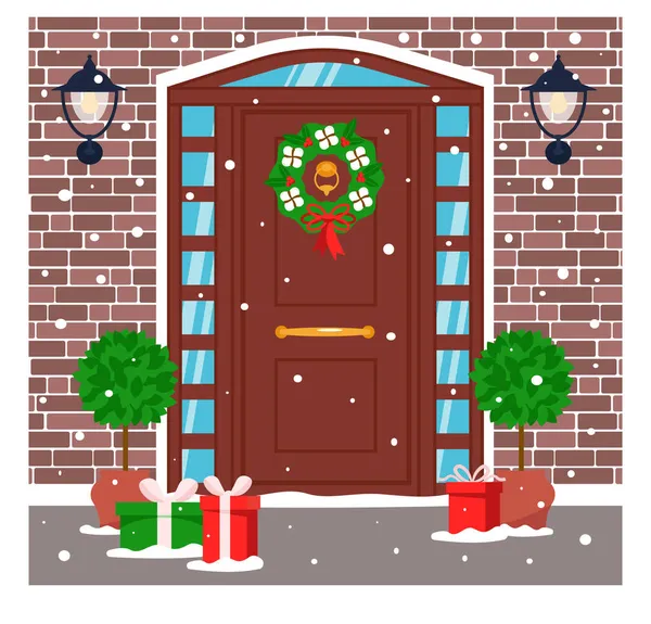 Porte Entrée Est Décorée Avec Décor Festif Pour Noël Nouvel — Image vectorielle