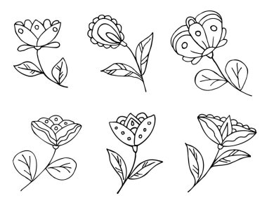 Çiçek ve bitkilerin basit elementleri. Şekillendirilmiş çiçekler, bitki dalları, yapraklar. El çizimi basit simgeler. Doodle tarzı. Vektör illüstrasyonu