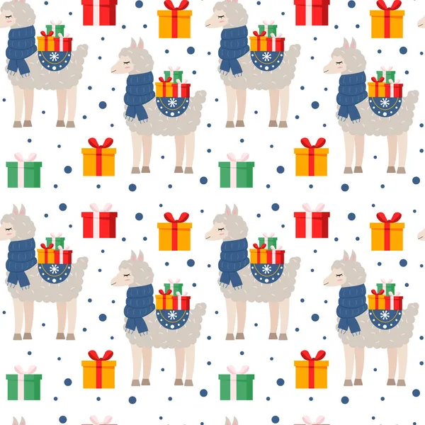Niedlich Cartoon Lama Oder Alpaka Einem Blauen Schal Mit Geschenkschachteln — Stockvektor