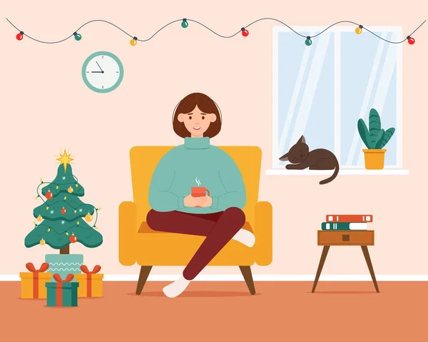 椅子に座って熱い飲み物のカップを持つ女の子 部屋の居心地の良いお祝いのインテリア 猫は窓辺で寝ている クリスマスツリー ガーランド 平型ベクトルイラスト — ストックベクタ