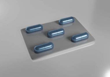 Hafif arka planda izole edilmiş su toplayıcı haplar. Mavi antibiyotik kapsülleri. 3d oluşturma