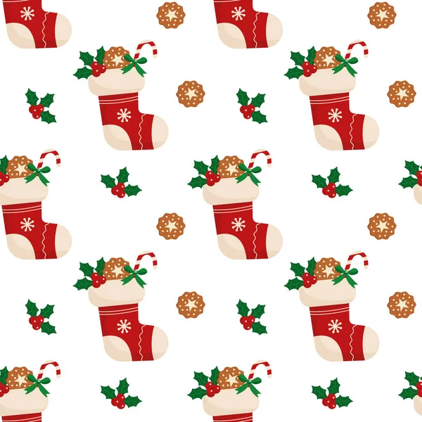 お菓子とクリスマスのストッキング シームレスなパターン パターン Webページの背景 表面テクスチャに使用できます — ストックベクタ