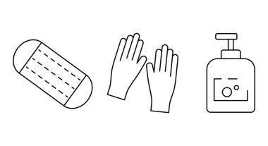 Basit tıbbi ikonlar seti. Tıbbi maske, eldivenler ve el sabunu. Vektör illüstrasyonu.