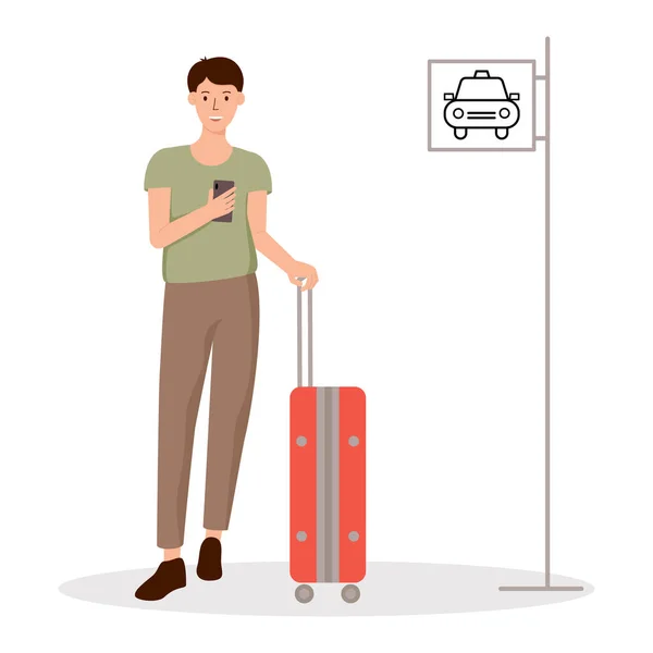 Elinde Bavul Cep Telefonu Olan Genç Bir Adam Taksi Bekliyor — Stok Vektör