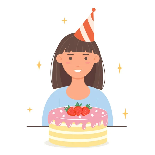 ホリデーケーキのかわいい女の子 誕生日のお祝い 郵便はがきのデザイン 平型ベクトルイラスト — ストックベクタ