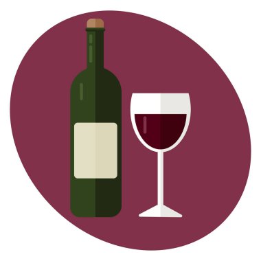 Bottle of red wine and glass. Grape drink. Vector illustration in flat style