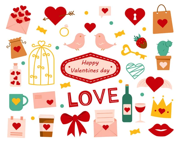 Set Elements Valentine Day Heart Lips Birds Key Cage Wedding — Image vectorielle