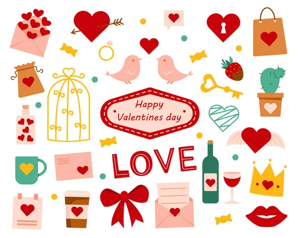 Set of elements for Valentine's Day: heart, lips, birds, key, cage, wedding ring, envelope with a letter and more. Suitable for scrapbooking, greeting cards, invitations. Vector illustration