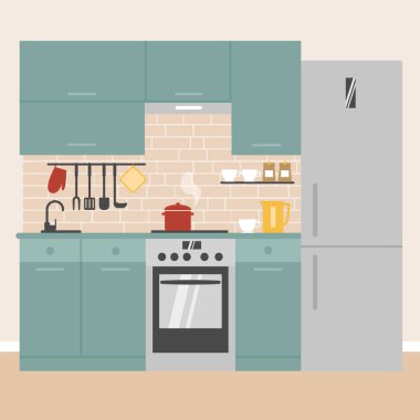 Modern mutfak iç mimarisi. Mutfak mobilyaları, aletler ve aletler. Düz biçimli vektör illüstrasyonu