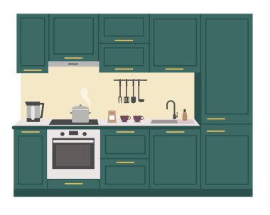 Modern mutfak iç mimarisi. Mutfak mobilyaları, aletler ve aletler. Beyazın üzerindeki izole görüntü. Düz biçimli vektör illüstrasyonu