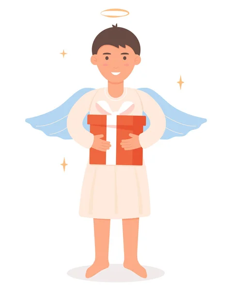 かわいい天使の少年が手にギフトボックスを持っています 天使の日だ 平型ベクトルイラスト — ストックベクタ