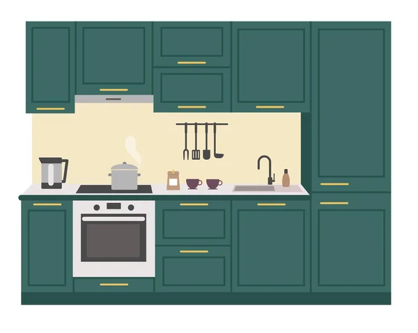 Moderne Kücheneinrichtung Küchenmöbel Geschirr Und Geräte Isoliertes Bild Auf Weiß — Stockvektor