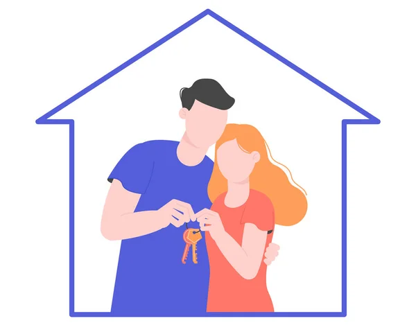 若い家族は新しいアパートや家の鍵を受け取った 家を買うことにしました 平型ベクトルイラスト — ストックベクタ