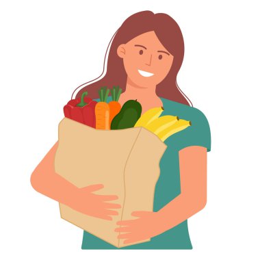 Elinde yiyecek, sebze ve meyve dolu bir kese kağıdıyla sevimli bir kız. Tehlikeli atıklar olmadan sağlıklı beslenme kavramı. Vektör illüstrasyonu