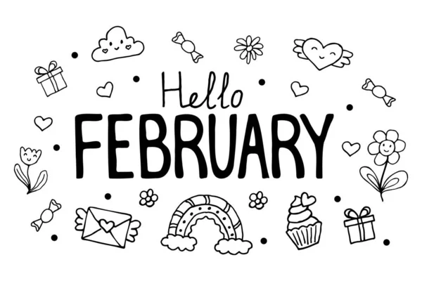 Hello February Postcard Design Lettering Doodle Style Vector — Stock Vector