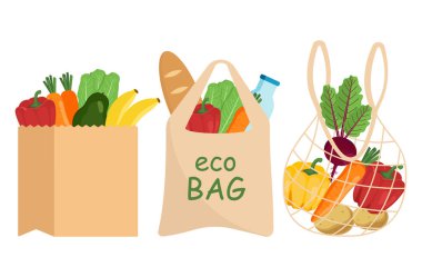 Eko torba ve içinde ürünler olan kağıt torba. Sıfır atık. Vektör illüstrasyonu