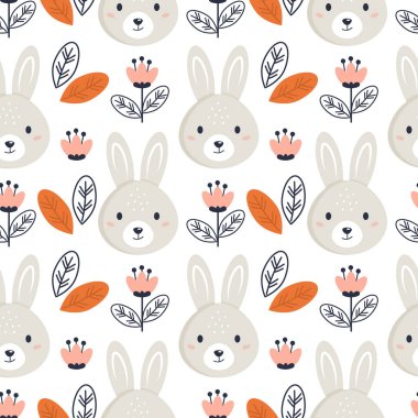 Çiçekli şirin bir tavşan. Kusursuz desen. Duvar kağıdı, web sayfası arkaplanı ve yüzey dokuları için kullanılabilir