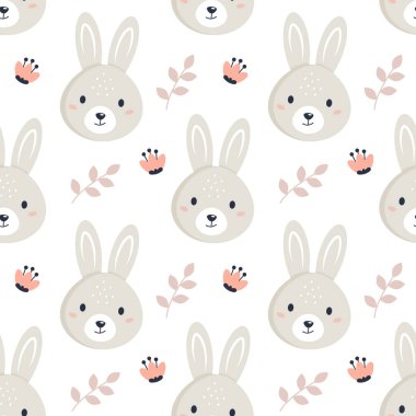 Çiçek elementli şirin çizgi film tavşanı. Kusursuz desen. Duvar kağıdı, web sayfası arkaplanı ve yüzey dokuları için kullanılabilir