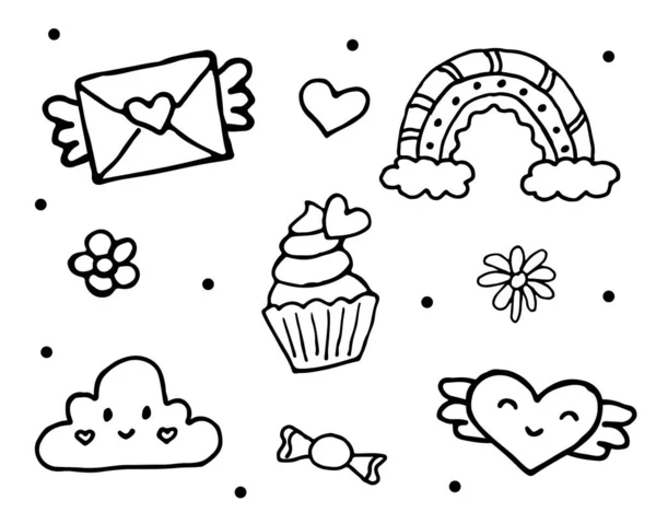 Cute Hand Drawn Doodles Envelope Heart Rainbow Cake Cloud Flowers — Stock Vector