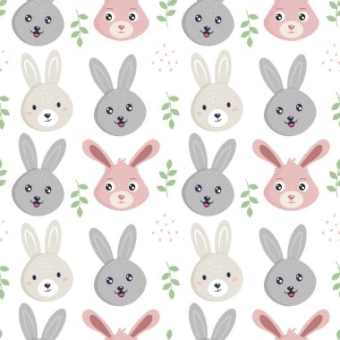 Bitki elementleri olan sevimli bir tavşan. Kusursuz desen. Duvar kağıdı, web sayfası arkaplanı ve yüzey dokuları için kullanılabilir