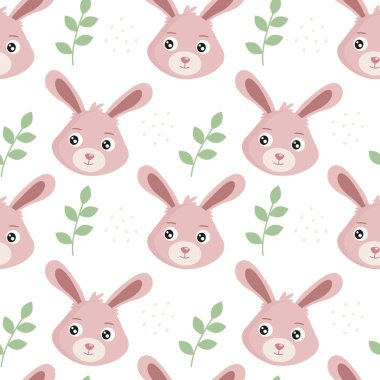 Bitki elementleri olan sevimli bir tavşan. Kusursuz desen. Duvar kağıdı, web sayfası arkaplanı ve yüzey dokuları için kullanılabilir. Vektör