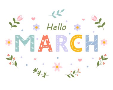Merhaba March. Çiçekli tebrik kartı tasarımı. Vektör illüstrasyonu