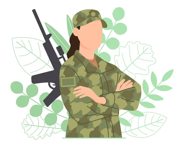 Жінка Військовому Одязі Фоні Зеленого Листя Зброєю Молода Дівчина Військовому — стоковий вектор