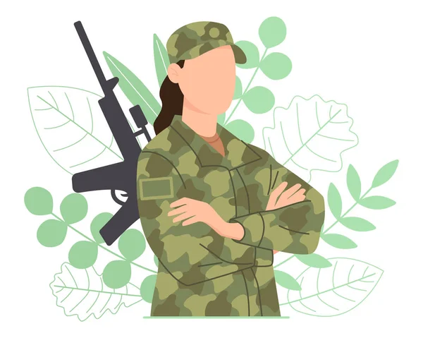 Yeşil yaprakların arka planında silahlı asker elbiseli bir kadın. Asker kıyafeti giymiş genç bir kız. Vektör illüstrasyonu