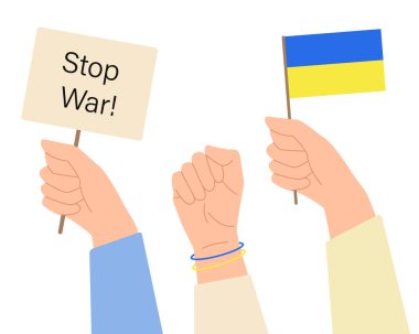 İnsanlar ellerinde bayraklar ve posterler tutuyor. Savaşsız barış kavramları. Sokak gösterisi. Düz biçimli vektör illüstrasyonu