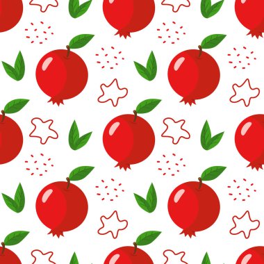 Yapraklı ve dekoratif elementli şirin nar meyvesi. Kusursuz desen. Duvar kağıdı, web sayfası arkaplanı ve yüzey dokuları için kullanılabilir