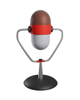 Beyaz arka planda izole edilmiş 3D retro mikrofon. Podcast sembolü. 3d hazırlayıcı