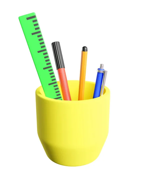 Чашка Канцелярською Лінійкою Ручкою Олівцем Ізольовані Білому Візуалізація — стокове фото