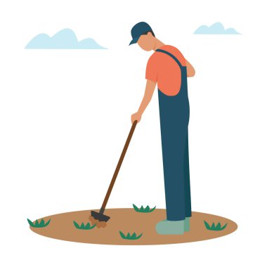 Bahçede, tarlada çalışan erkek çiftçi. Tarım ürünlerinin büyümesi. Bahçecilik, hobiler, çiftçilik. Vektör illüstrasyonu