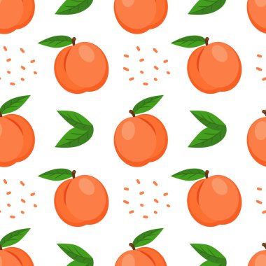 Yaprakları ve dekoratif unsurları olan tatlı şeftali. Kusursuz desen. Duvar kağıdı, web sayfası arkaplanı ve yüzey dokuları için kullanılabilir