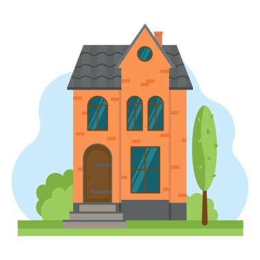 Beyaz arka planda ağaç ve çalıları olan şirin tuğladan bir ev. Vektör illüstrasyonu