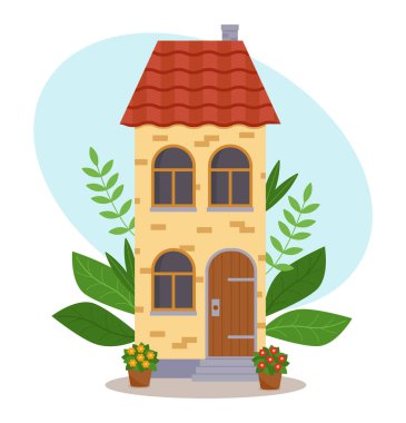 Kırmızı çatılı, yaprakları ve saksıda çiçekleri olan şirin bir çizgi film evi. Düz biçimli vektör illüstrasyonu