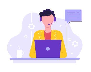 Yardım hattı operatörü, müdür. Müşteri hizmetleri ve tavsiyeler, gece gündüz online küresel teknik destek. Vektör illüstrasyonu