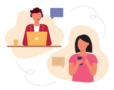 Müşteri hizmetleri, erkek operatör yardım hattı müşterilere tavsiyede bulunur. Müşteri ve operatör, online küresel teknik destek. Vektör illüstrasyonu
