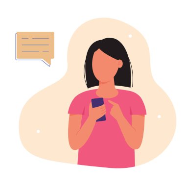 Kadın akıllı telefona bakar ve bir mesaj yazar. Sanal iletişim kavramı. Vektör illüstrasyonu