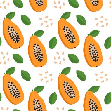 Yapraklı ve dekoratif elementli Papaya. Kusursuz desen. Duvar kağıdı, web sayfası arkaplanı ve yüzey dokuları için kullanılabilir